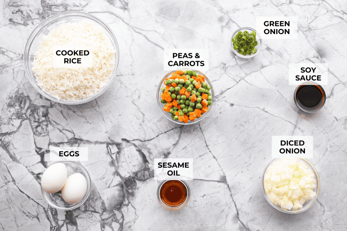 Overhead shot of labeled ingredients.